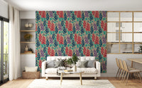 Delphinium Garden Retro Summer Floral Navy Blue Red Purple Wallpaper⁠