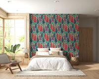 Delphinium Garden Retro Summer Floral Navy Blue Red Purple Wallpaper⁠