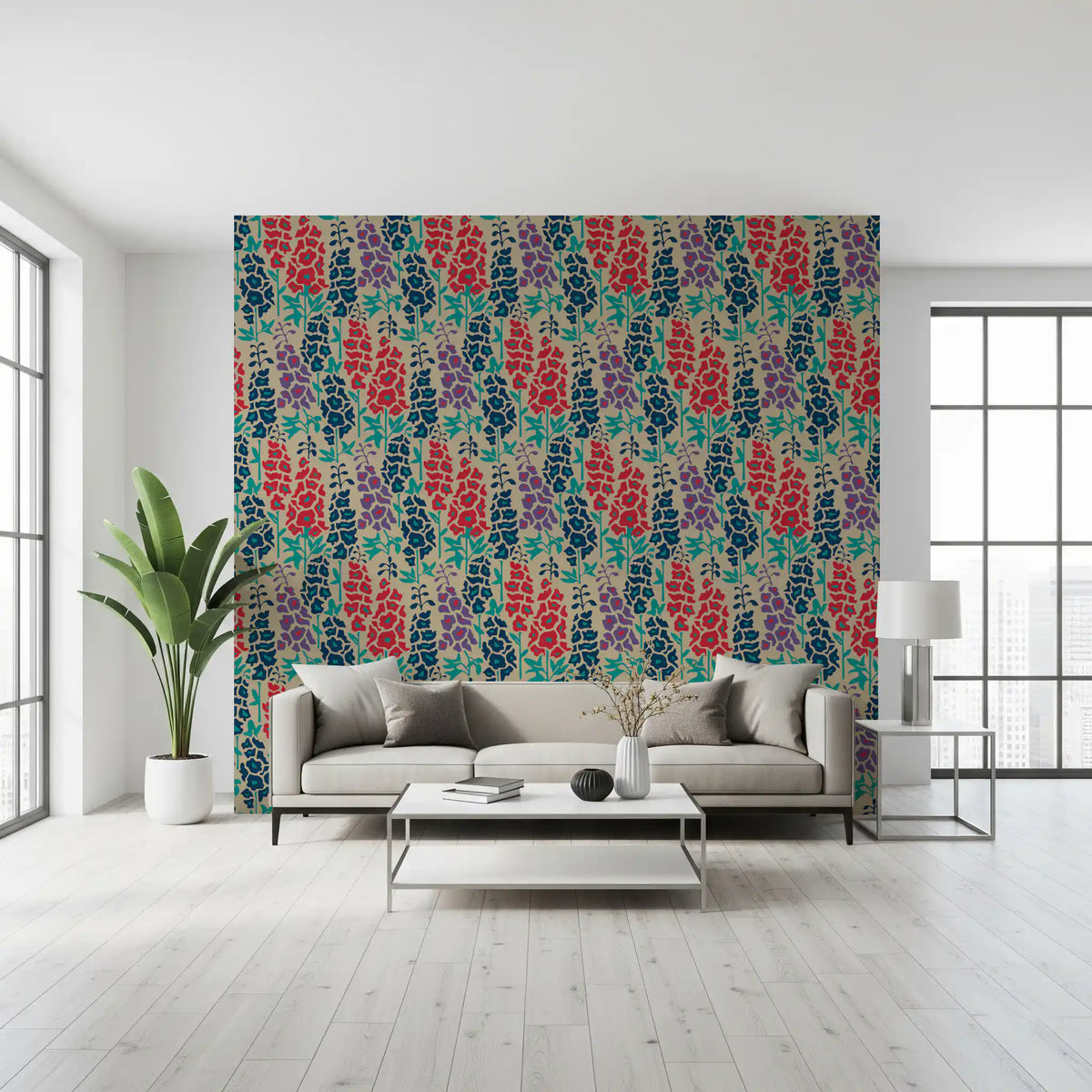 Delphinium Garden Retro Summer Floral Navy Blue Red Purple Wallpaper⁠