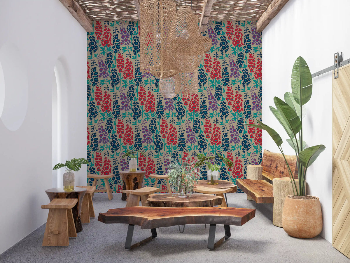 Delphinium Garden Retro Summer Floral Navy Blue Red Purple Wallpaper⁠
