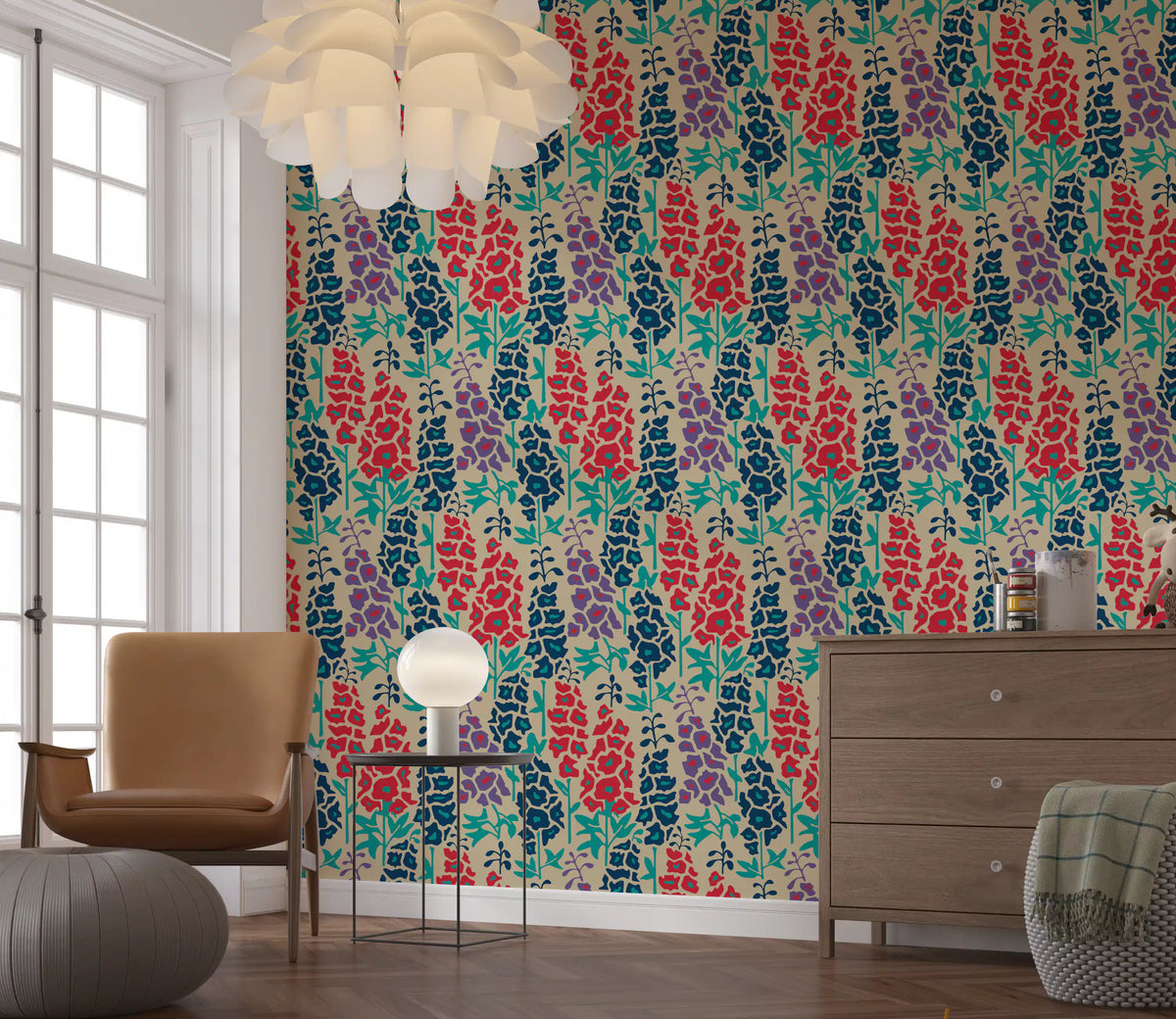 Delphinium Garden Retro Summer Floral Navy Blue Red Purple Wallpaper⁠