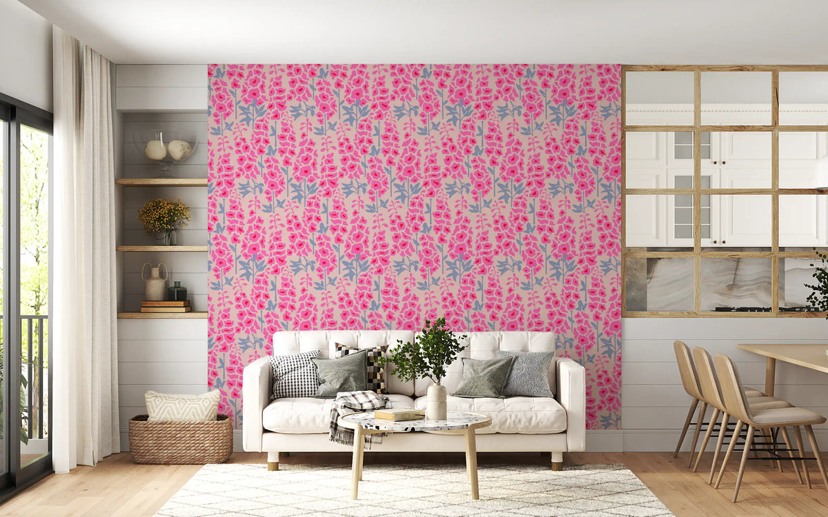 Delphinium Garden Retro Summer Floral Pretty Pink Wallpaper⁠