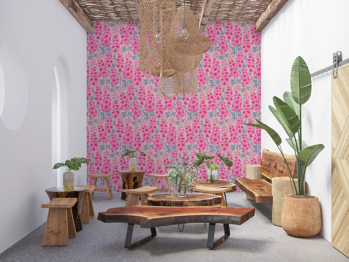 Delphinium Garden Retro Summer Floral Pretty Pink Wallpaper⁠