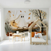 Little Ghost and Mouse Walk the Autumn Forest Wall Mural