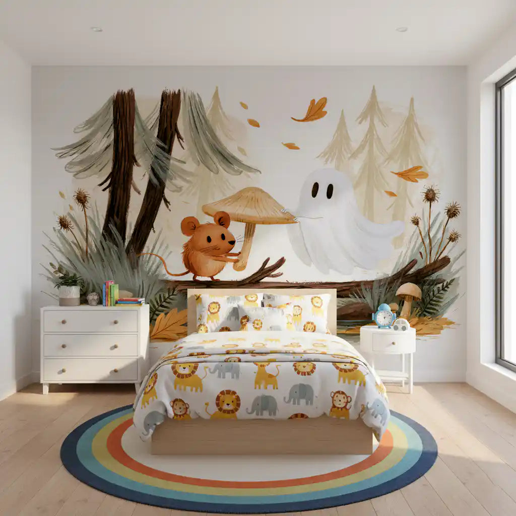 Little Ghost and Mouse in Scandinavian Forest Wall Mural