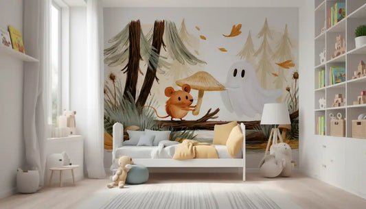 Little Ghost and Mouse in Scandinavian Forest Wall Mural