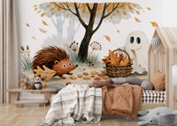 Little Ghost and Hedgehog Gather Fall Leaves Wall Mural