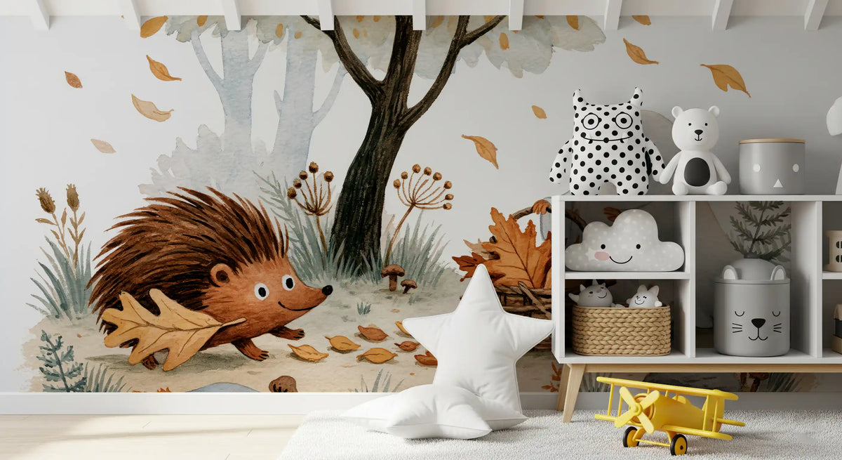 Hedgehog wallpaper mural beside a white cube shelf with plush owl, bear and a yellow toy plane GD13233