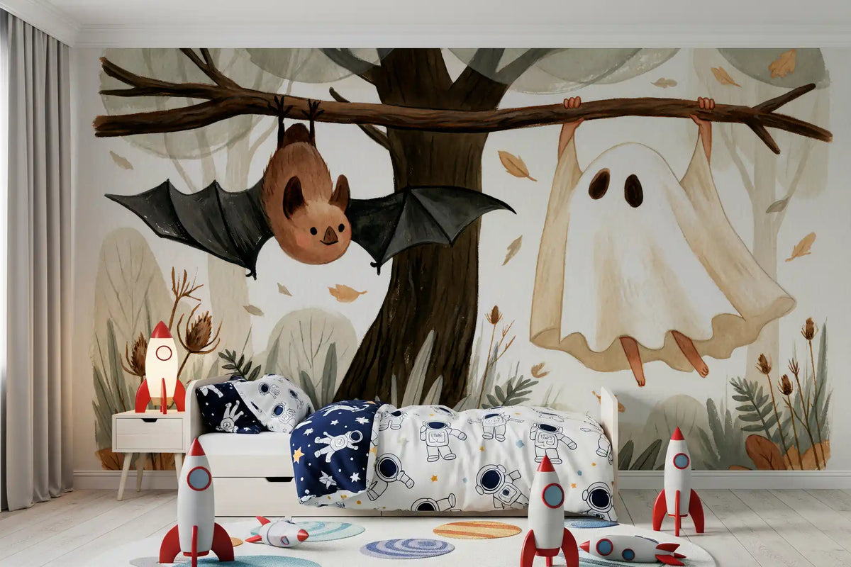 Halloween wallpaper mural of ghost and bat behind astronaut bedding and rocket toys GD13234