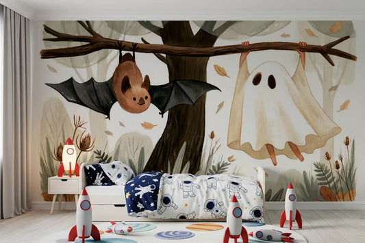 Little Ghost and Bat in Scandinavian Woodland Wall Mural