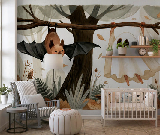 Little Ghost and Bat in Scandinavian Woodland Wall Mural