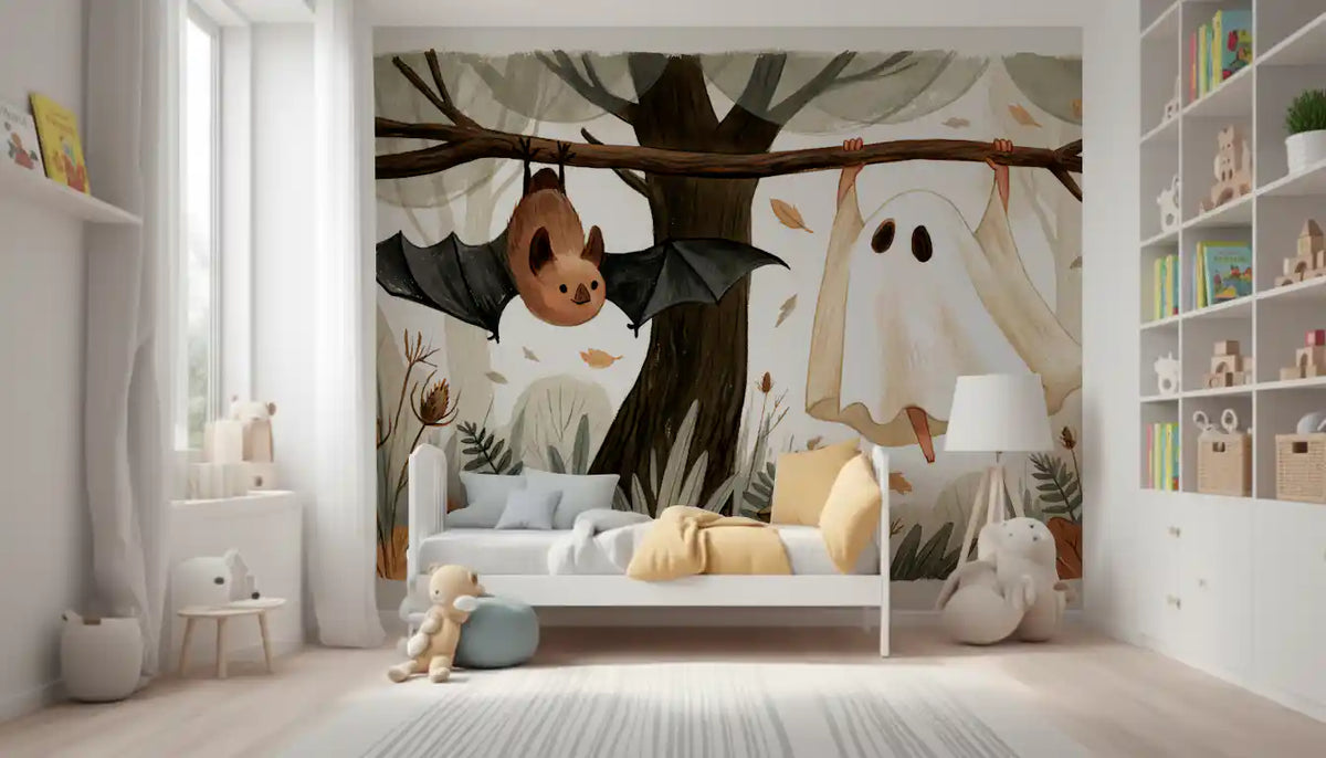 Little Ghost and Bat in Scandinavian Woodland Wall Mural
