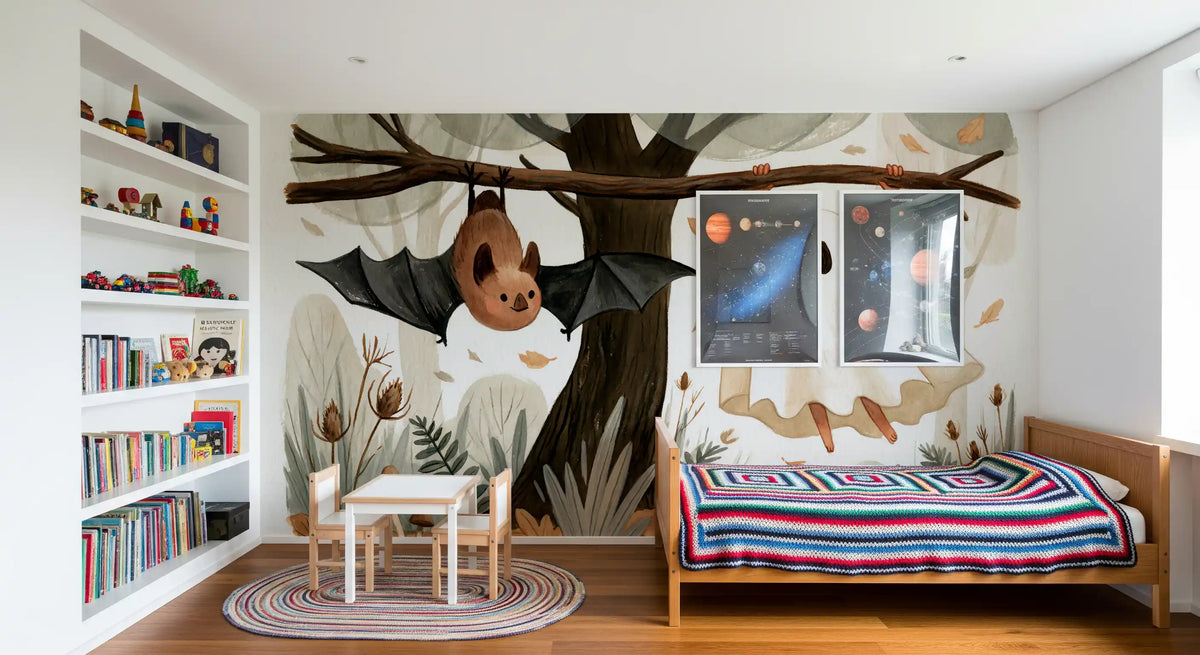 Little Ghost and Bat in Scandinavian Woodland Wall Mural