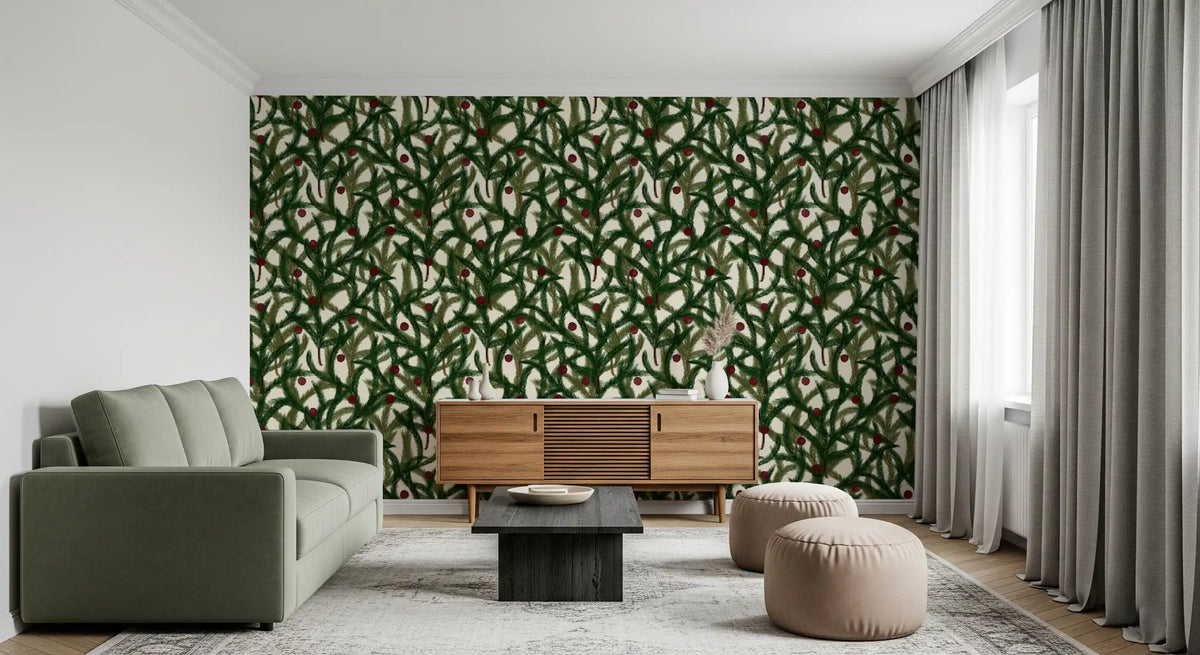Christmas wallpaper behind a sage green sofa, wooden sideboard and round beige poufs GD13236
