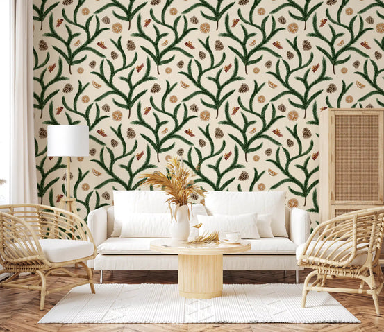 Watercolor Pine Branches with Oranges Cinnamon and Pine Cones Wallpaper⁠