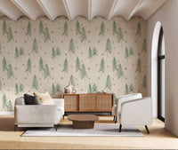 Woodland Pine Trees and Stars Winter Pattern - Green Ginger Wallpaper⁠