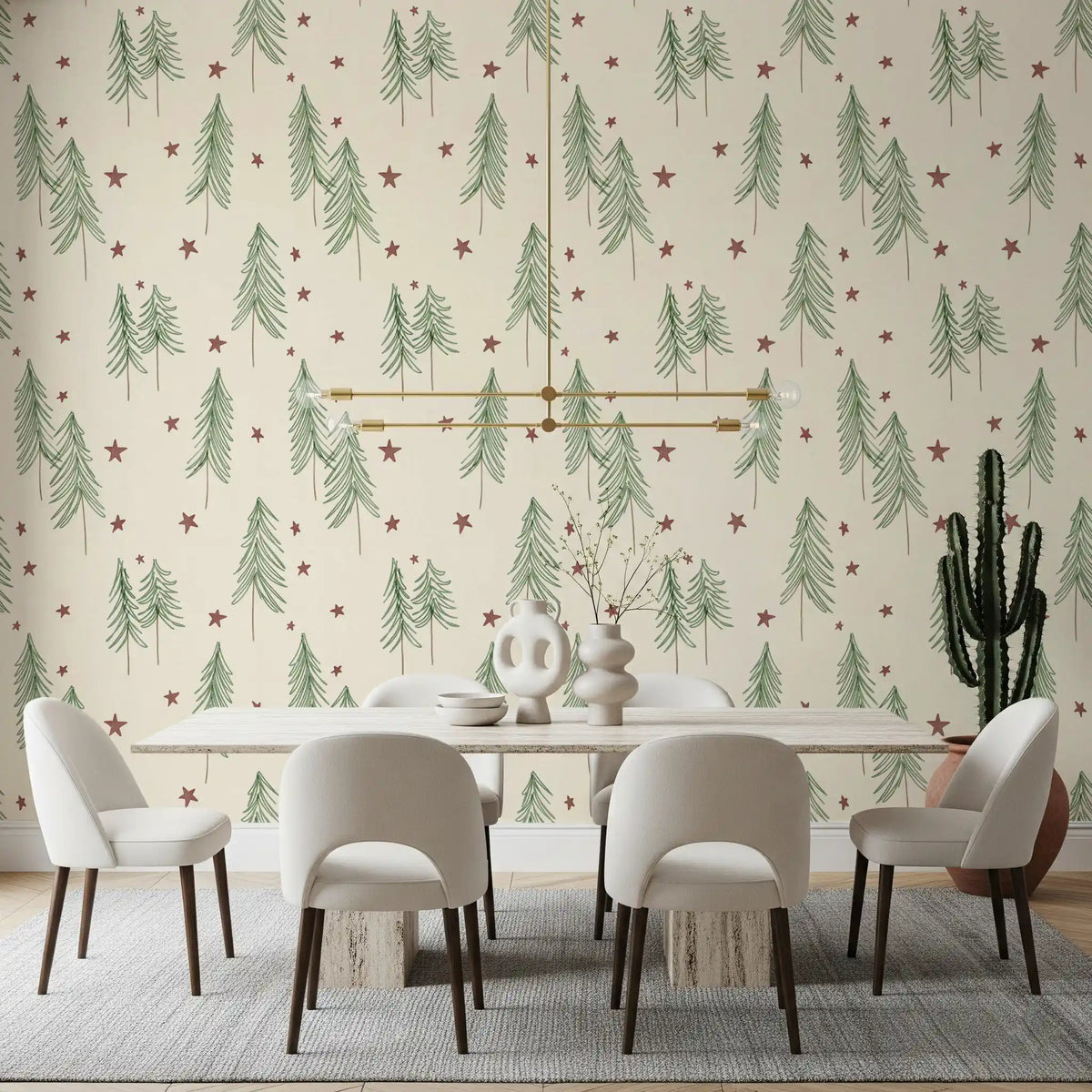 Woodland Pine Trees and Stars Winter Pattern - Green Red Wallpaper⁠