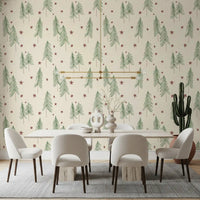 Woodland Pine Trees and Stars Winter Pattern - Green Red Wallpaper⁠