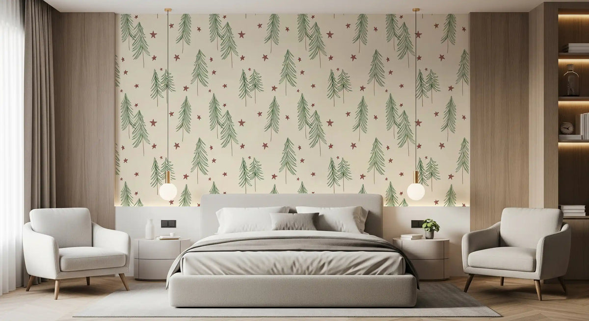 Woodland Pine Trees and Stars Winter Pattern - Green Red Wallpaper⁠