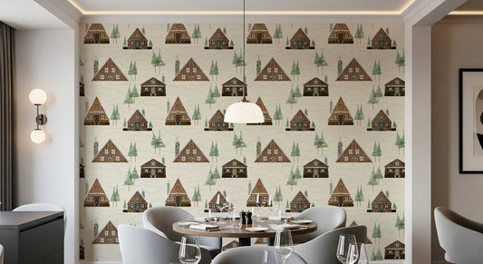 Small Snowy Mountain Huts Village Cabincore Winter Pattern Wallpaper⁠