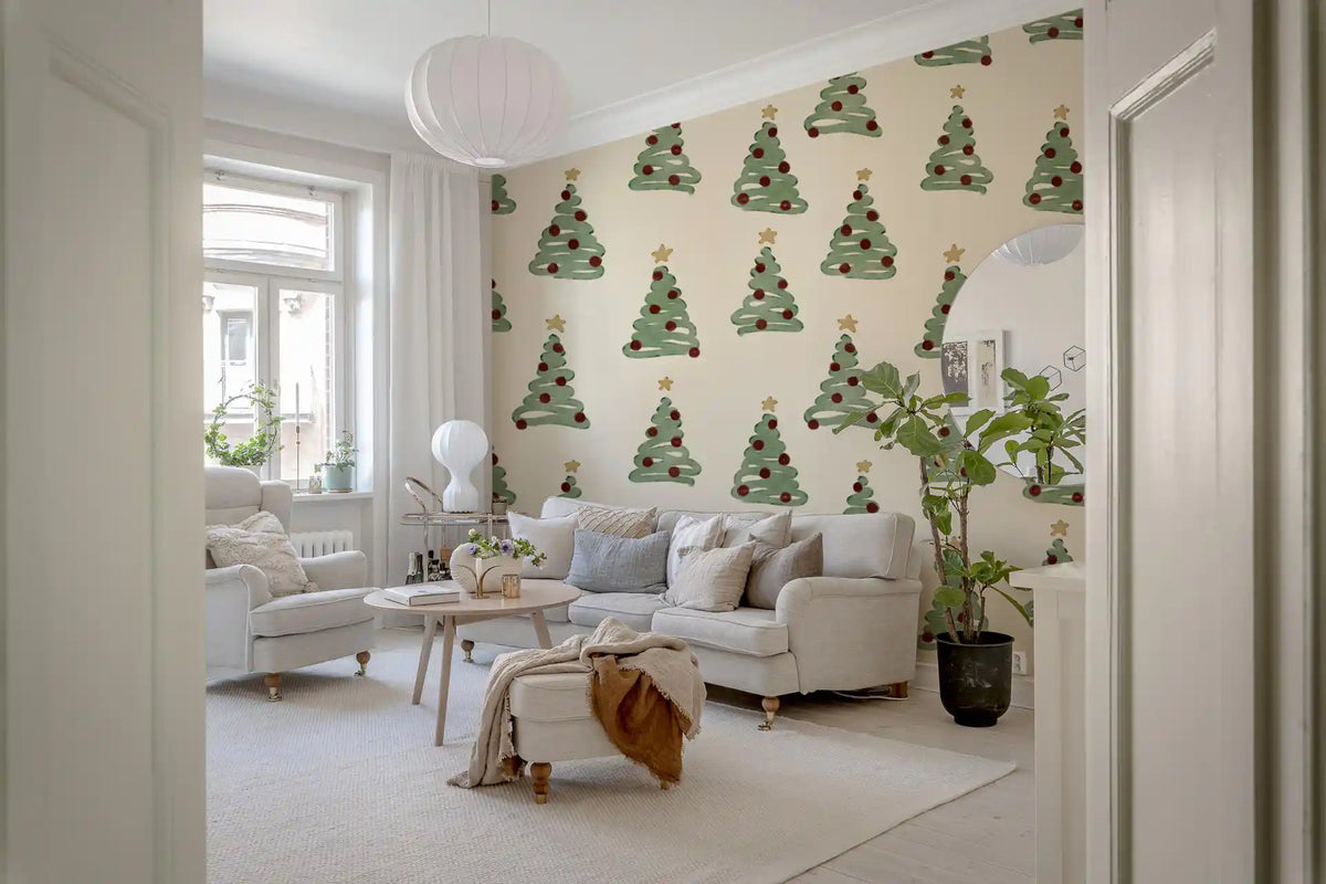Minimal Holiday Xmas Woodland Christmas Trees Tossed Wallpaper⁠