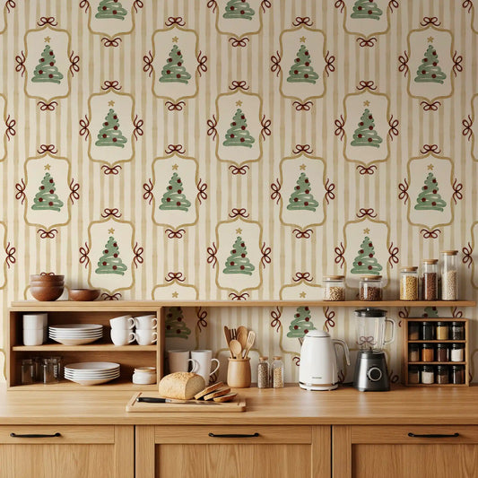 Preppy Christmas Tree Bows Ribbon Stripes - Antique Gold Yellow Wallpaper⁠