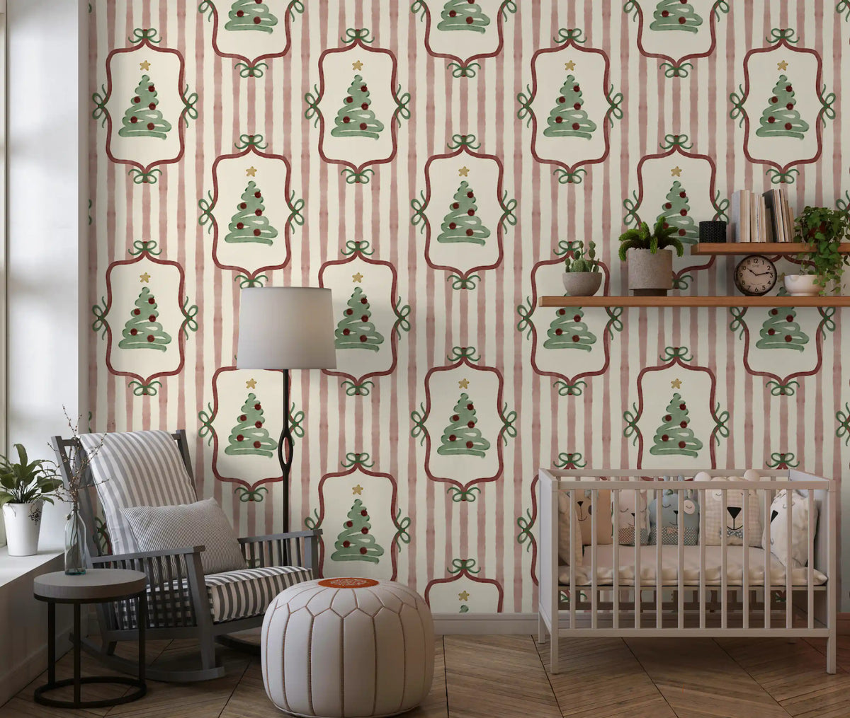 Preppy Christmas Tree Bows Ribbon Stripes - Cranberry Red Wallpaper⁠