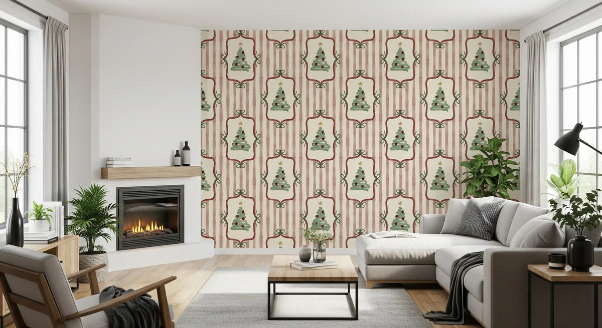 Preppy Christmas Tree Bows Ribbon Stripes - Cranberry Red Wallpaper⁠