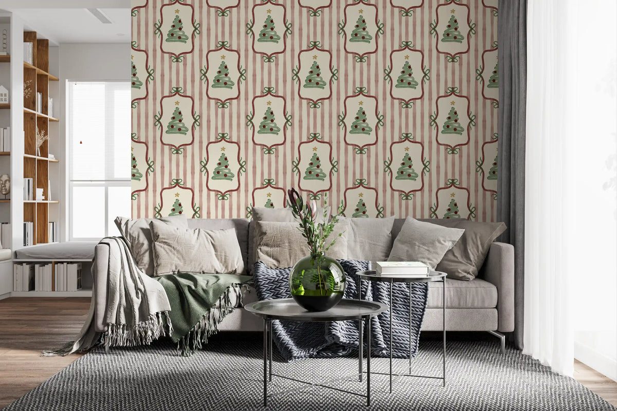 Preppy Christmas Tree Bows Ribbon Stripes - Cranberry Red Wallpaper⁠