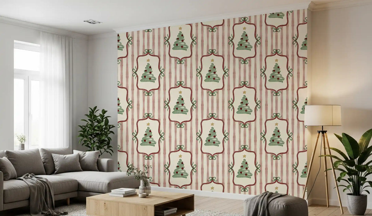 Preppy Christmas Tree Bows Ribbon Stripes - Cranberry Red Wallpaper⁠