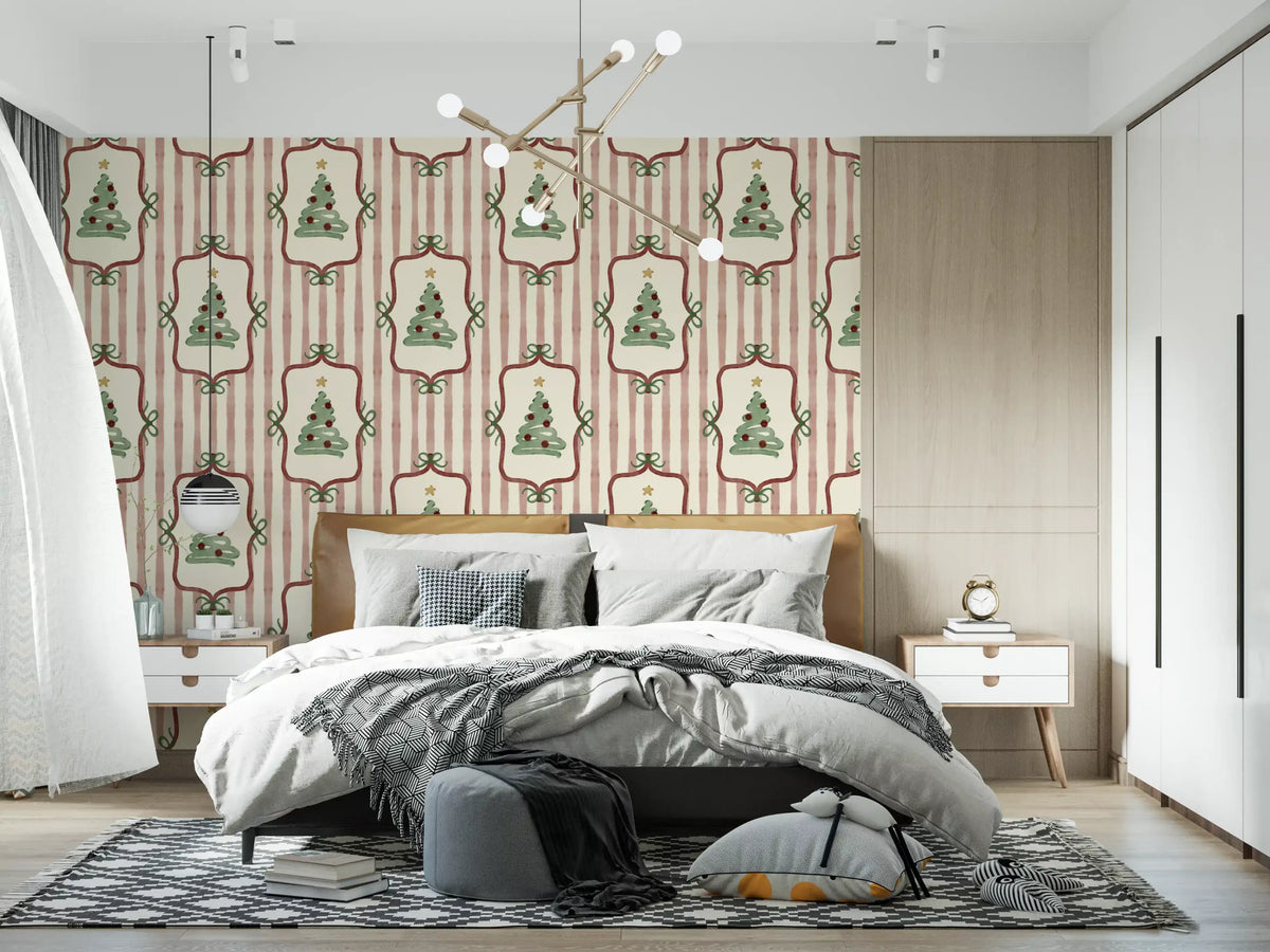Preppy Christmas Tree Bows Ribbon Stripes - Cranberry Red Wallpaper⁠