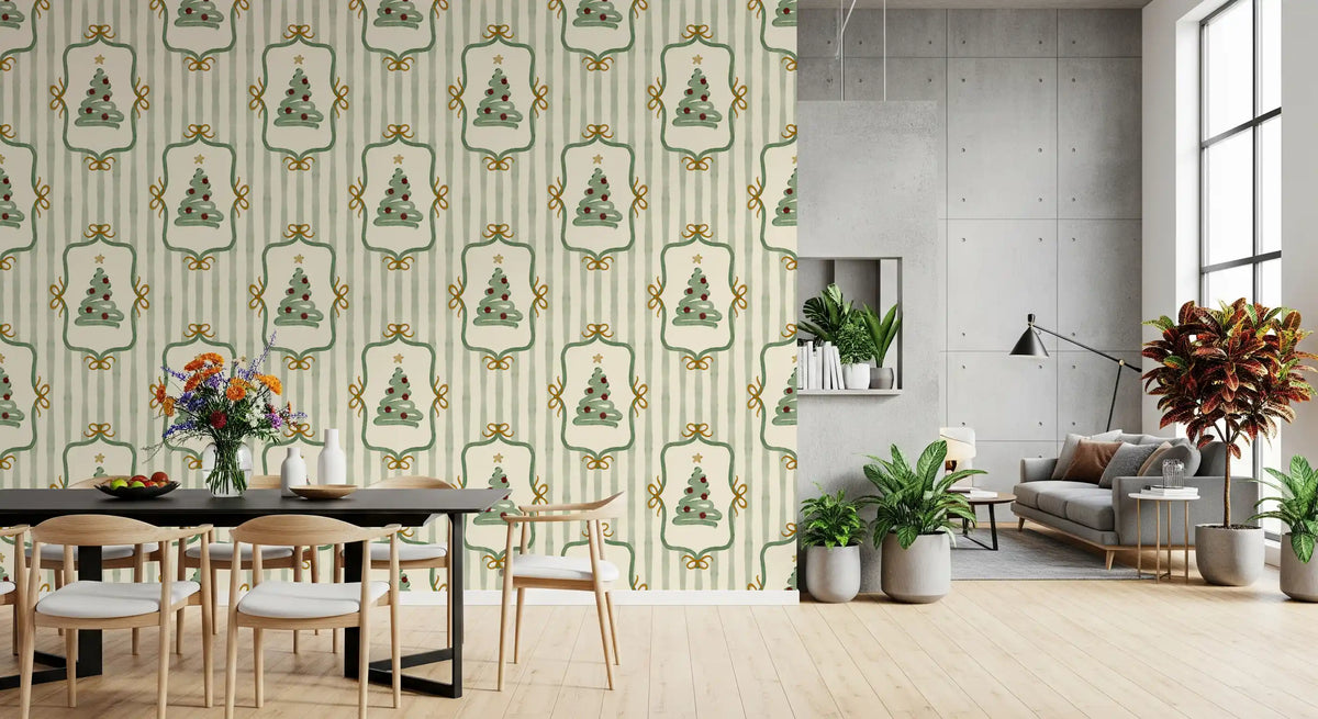 Preppy Christmas Tree Bows Ribbon Stripes - Forest Pine Green Wallpaper⁠