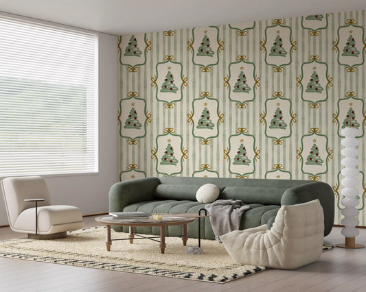 Preppy Christmas Tree Bows Ribbon Stripes - Forest Pine Green Wallpaper⁠