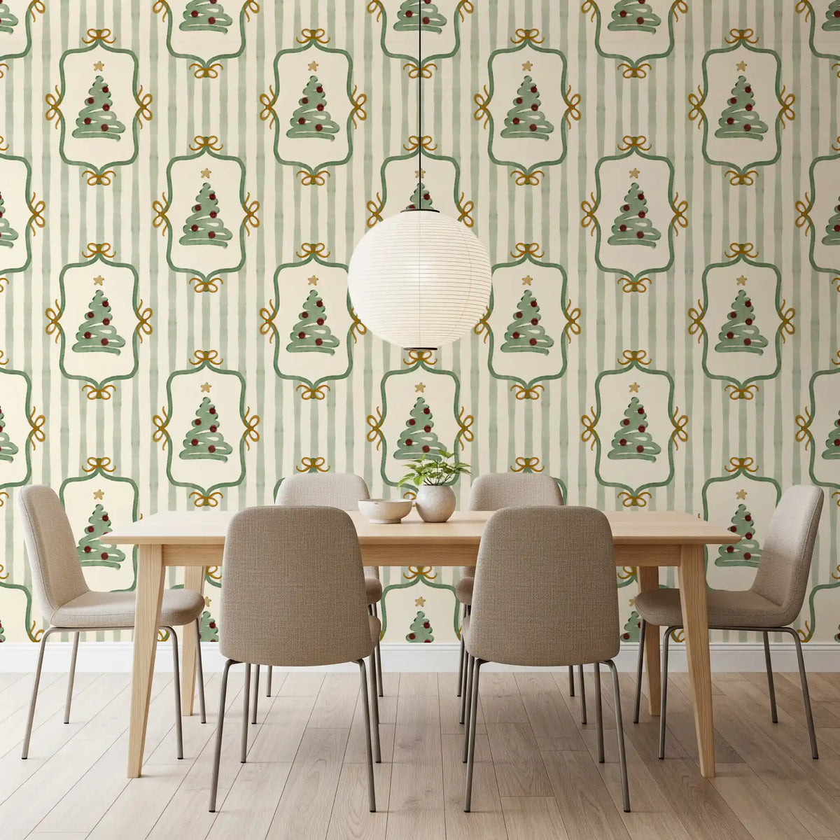 Preppy Christmas Tree Bows Ribbon Stripes - Forest Pine Green Wallpaper⁠