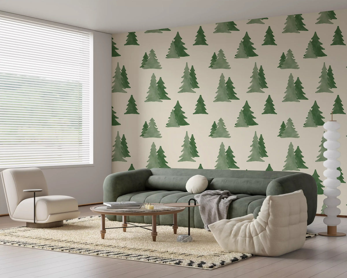 Minimalist Watercolor Winter Pine Forest Trees Pattern Wallpaper⁠