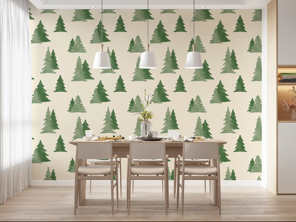 Minimalist Watercolor Winter Pine Forest Trees Pattern Wallpaper⁠