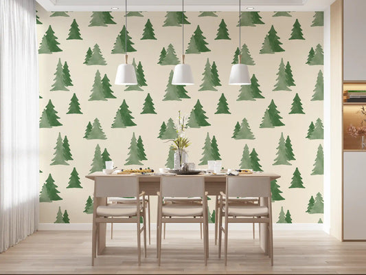 Minimalist Watercolor Winter Pine Forest Trees Pattern Wallpaper⁠