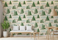 Snowy Winter Forest Pine Trees and Berries Pattern Wallpaper⁠