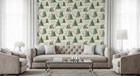 Snowy Winter Forest Pine Trees and Berries Pattern Wallpaper⁠