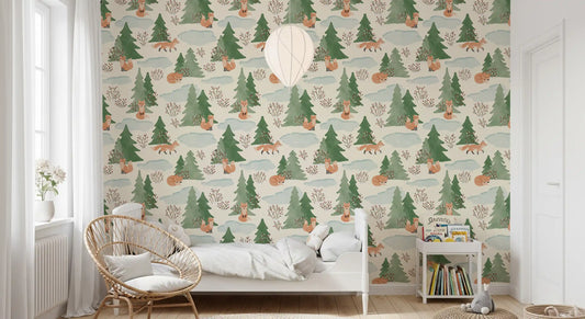 Watercolor Christmas Fox and Pine Trees Holiday Pattern Wallpaper⁠