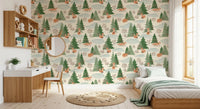 Watercolor Christmas Fox and Pine Trees Holiday Pattern Wallpaper⁠