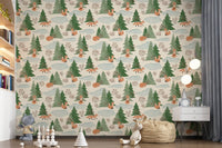 Watercolor Christmas Fox and Pine Trees Holiday Pattern Wallpaper⁠