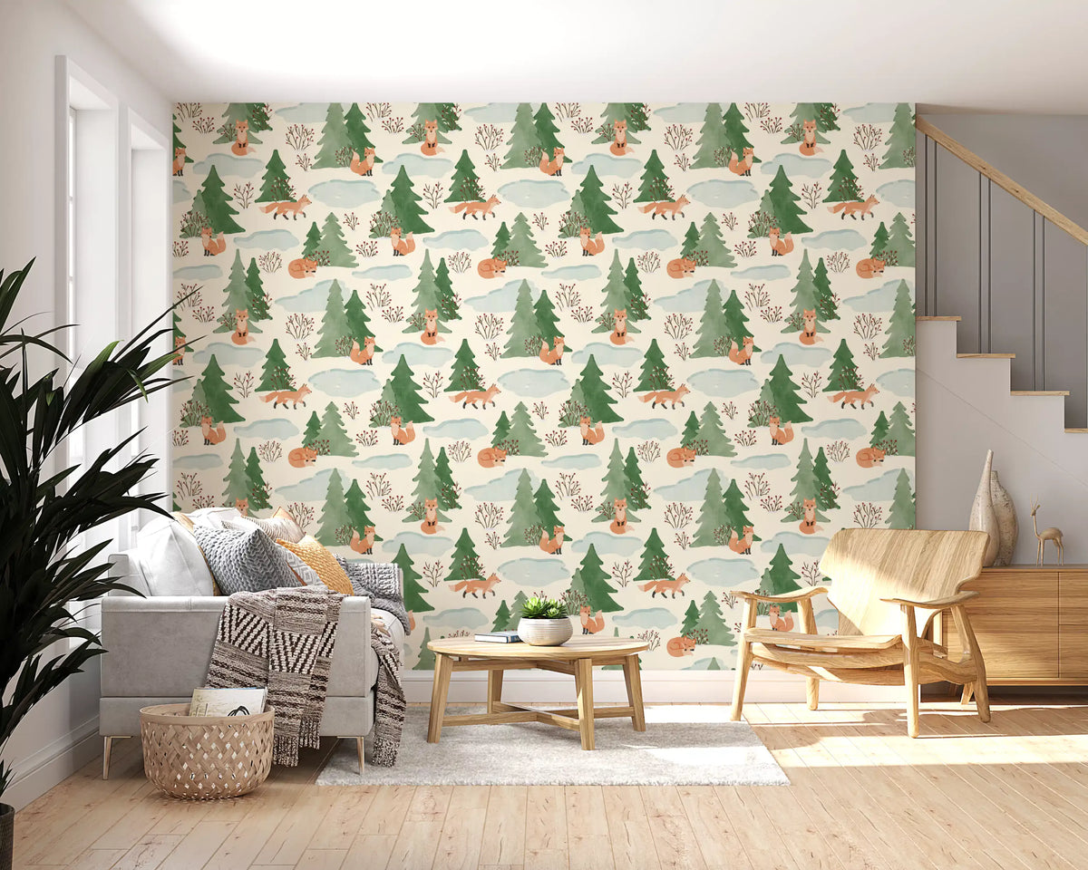 Watercolor Christmas Fox and Pine Trees Holiday Pattern Wallpaper⁠