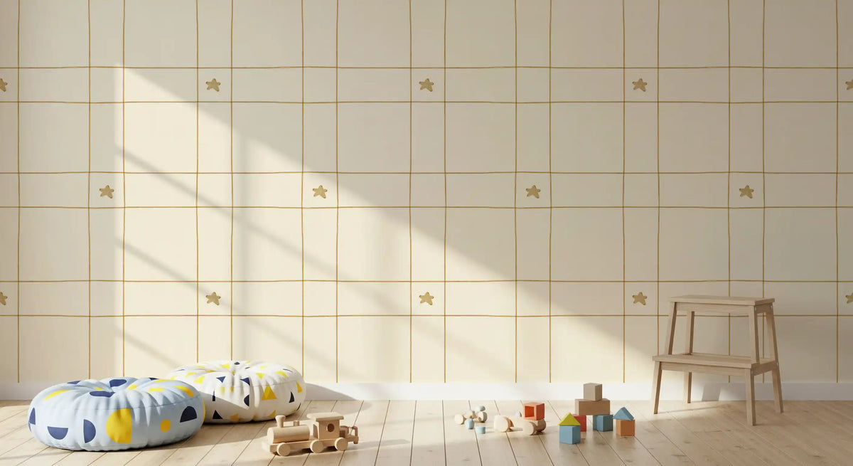 Minimalist Holiday Windowpane Plaid Hand Drawn Stars - Antique Gold Yellow Wallpaper⁠