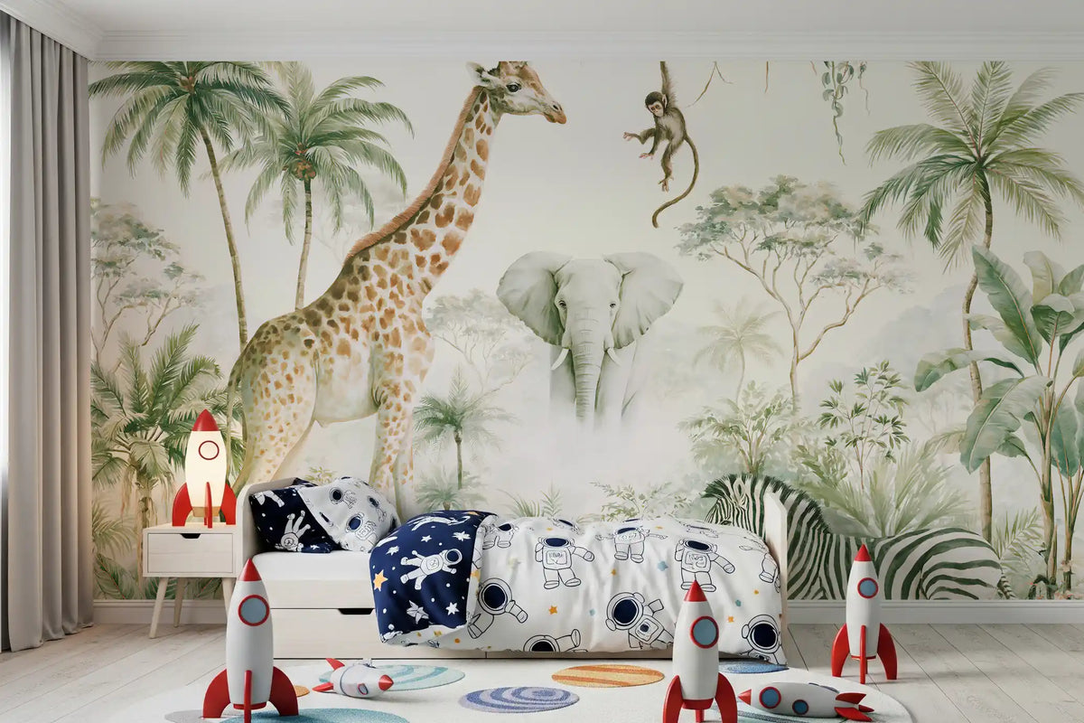 Exotic Safari Animals and Tropical Palms Wall Mural