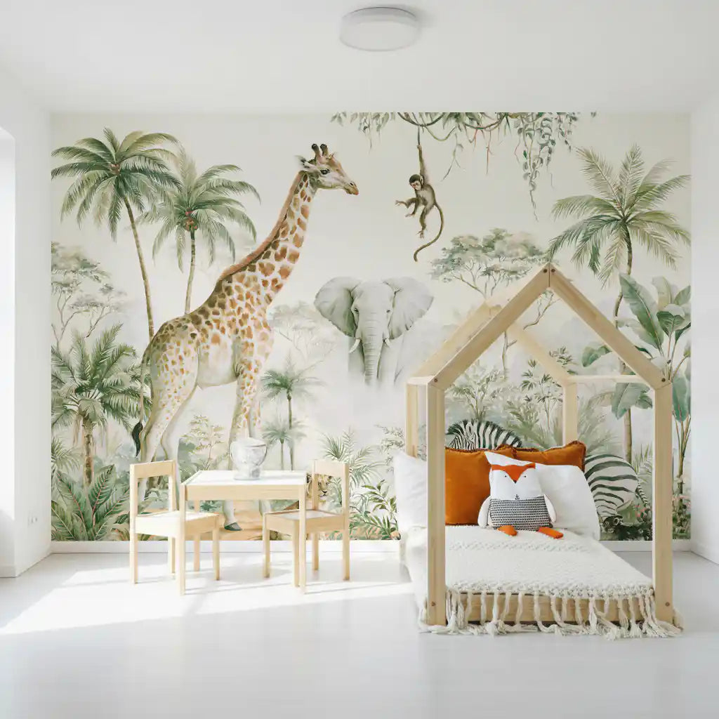 Safari wallpaper behind a wooden house bed and a small kids table and chairs GD13262