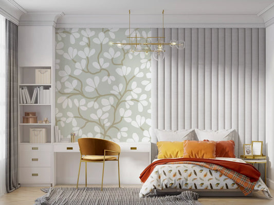 Soft Sage and White Hand-Drawn Floral Sprig Wall Mural