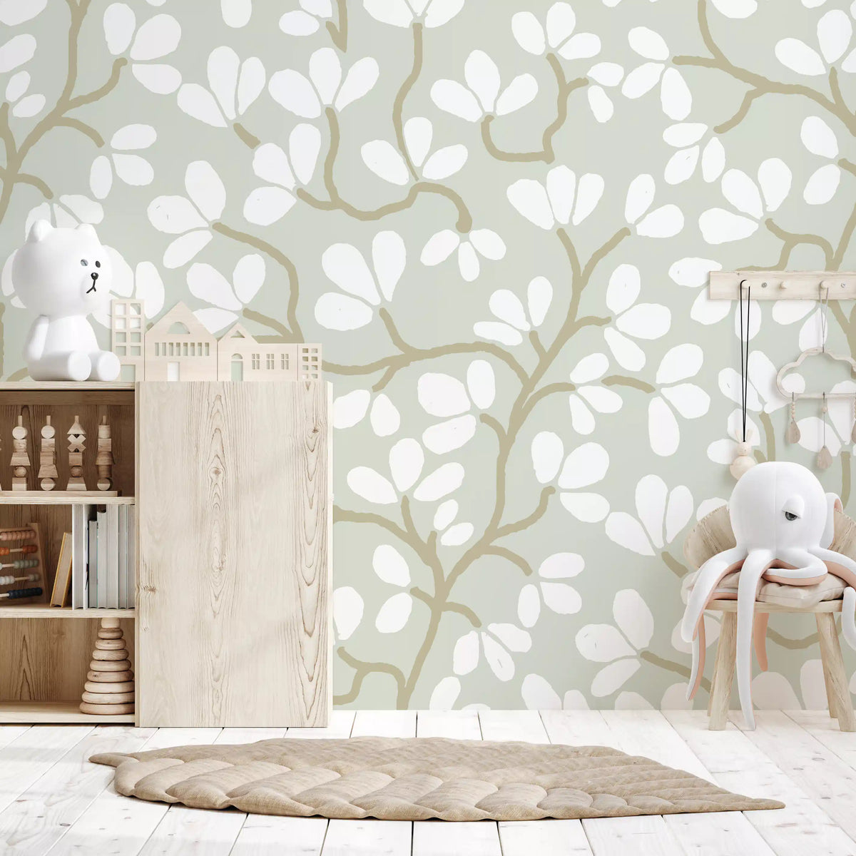 Soft Sage and White Hand-Drawn Floral Sprig Wall Mural