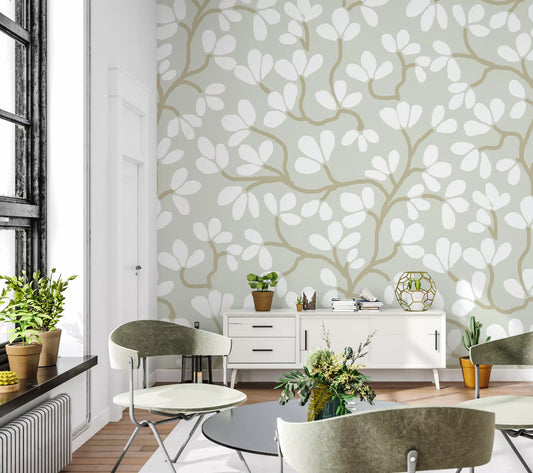 Soft Sage and White Hand-Drawn Floral Sprig Wall Mural