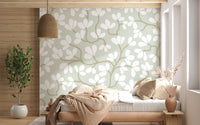Soft Sage and White Hand-Drawn Floral Sprig Wall Mural